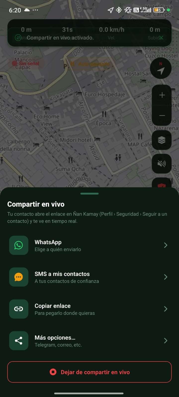 Hoja para compartir tu ubicación en vivo por WhatsApp, SMS o enlace.