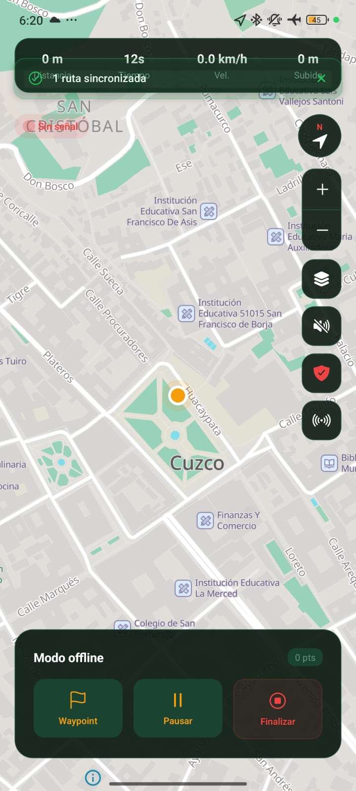 Mapa offline de Ñan Kamay mostrando Cusco con el aviso “Sin señal” y una ruta ya sincronizada.