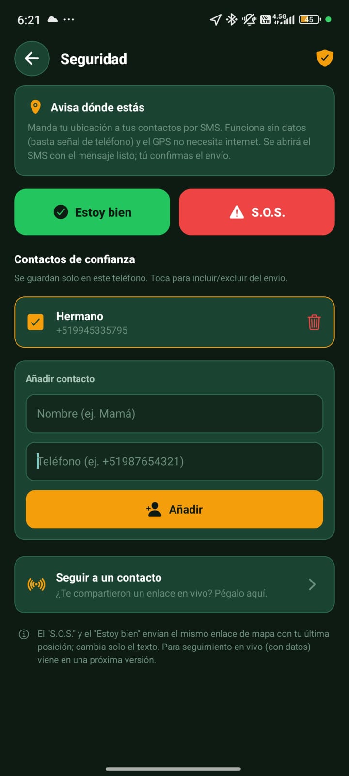 Pantalla de seguridad de Ñan Kamay con los botones “Estoy bien” y “S.O.S.” y la lista de contactos de confianza.
